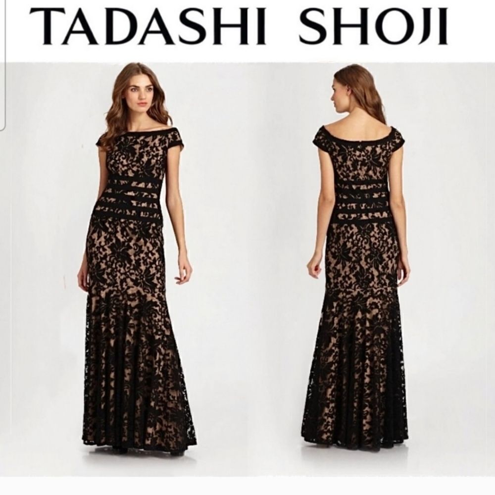 Tadashi Shoji Black Lace Formal Party Cocktail Evening Gown Dress Size 4